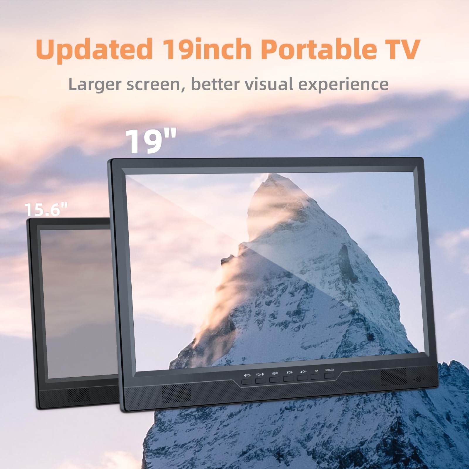 DESOBRY 19-Zoll Fernseher 1080P mit Antenne, Kleiner Fernseher mit HDMI/AVEingang USB-Anschluss, Tragbare MINI TV für Küche, Schlafzimmer, Camping und Wohnmobil (ohne Batterie)