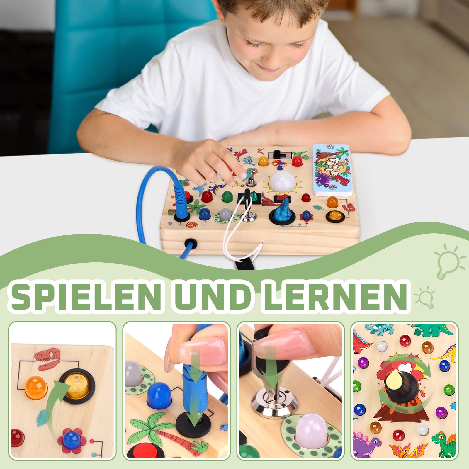 Dinosaurier Busy Board Montessori Spielzeug ab 1 jahr Activity Board Holzspielzeug Mit 10 Schaltern und 23 LED Lichtern Sensorik Spielzeug Motorikspielzeug für Babys und Kinder ab 1 2 3 4 Jahre Jungen