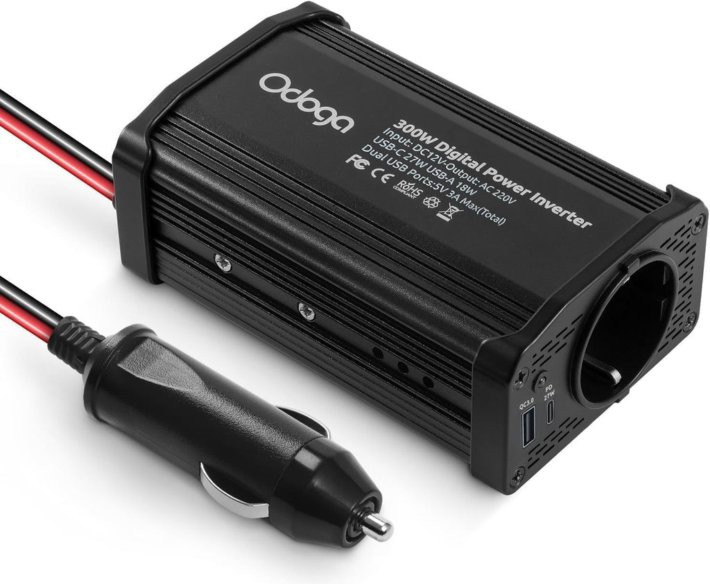 Odoga Wechselrichter 12V auf 230V – 300 W Spannungswandler, Stromwandler mit 3A USB-C und USB-A Anschluss, Inverter 12V 220V, Auto Steckdose, Laden Sie Ihr Laptop, iPad, iPhone, Tablet Und Mehr