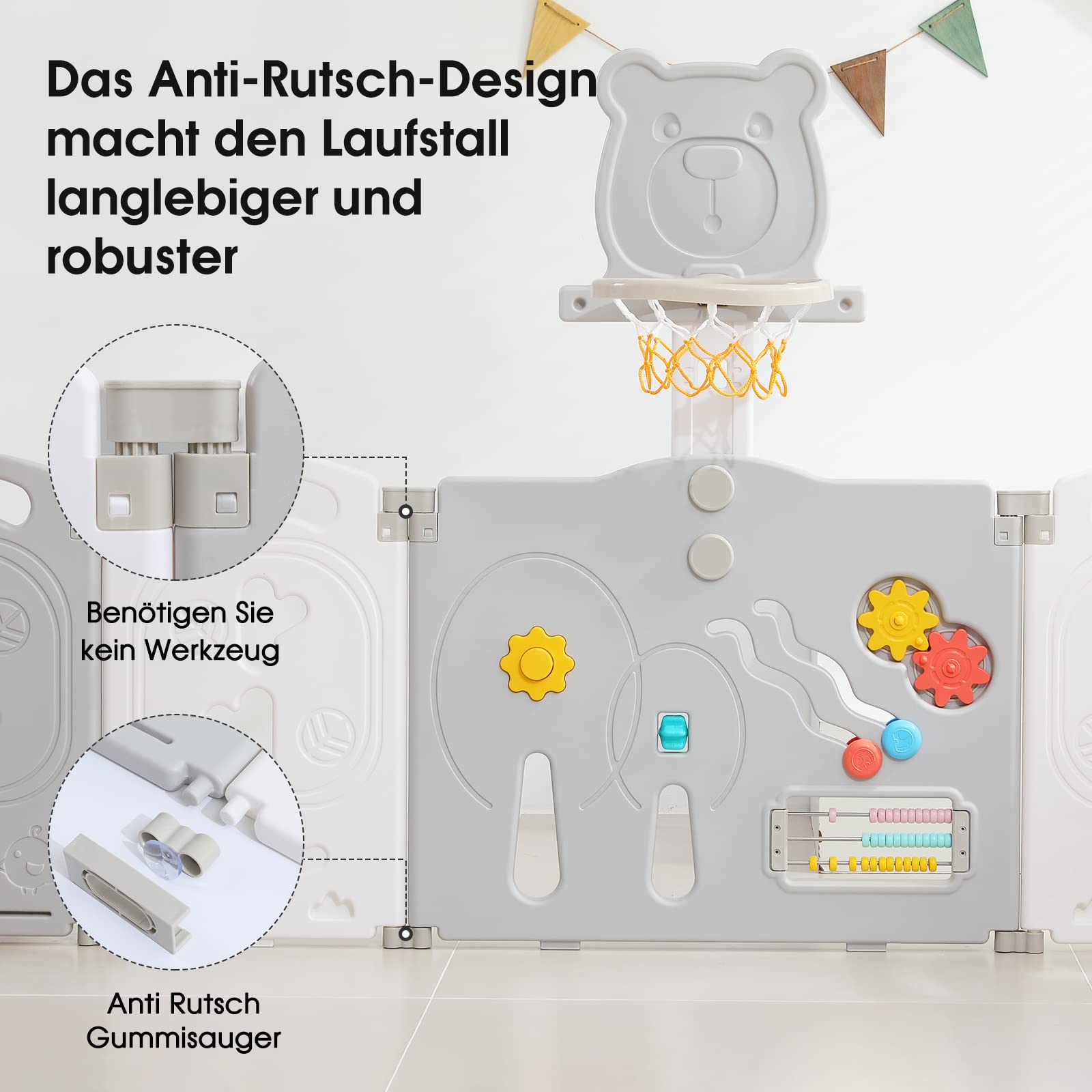 Dripex Faltbarer Laufstall 113x113 cm mit Spielbrett aus Kunststoff, Grau