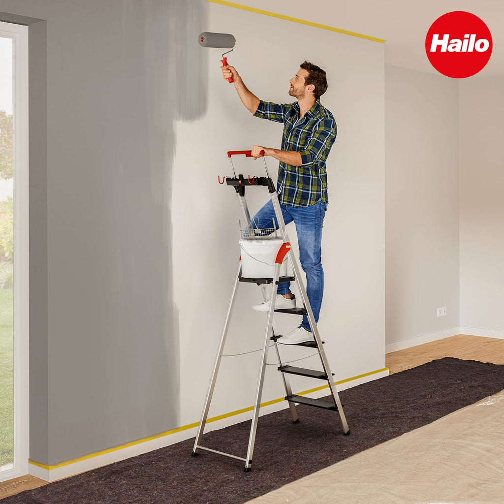 Hailo L100 Topline Alu-Sicherheits-Stehleiter - 5 XXL-Stufen bis 150 kg - Stehleiter mit ausziehbarem Haltebügel, Plattformverriegelung - viel Zubehör - klappbare Aluleiter Made in Germany - schwarz