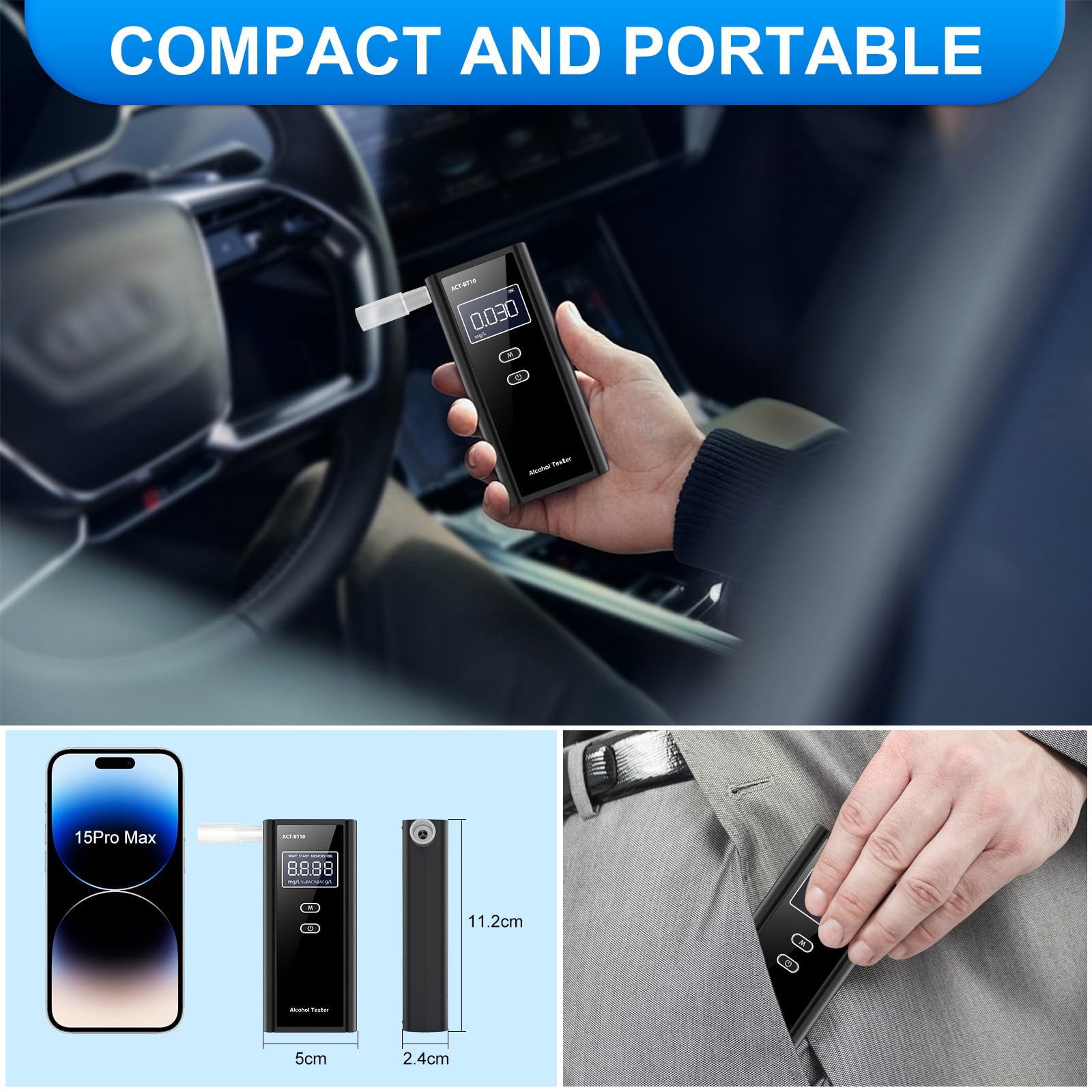 Milduall Alkoholtester Polizeigenau, Professioneller Alkoholmessgerät mit digitaler LCD-Anzeige Promillemessgerät Atemalkoholtester mit 10 Mundstücken, Gradgenauigkeit für Outdoor Patry