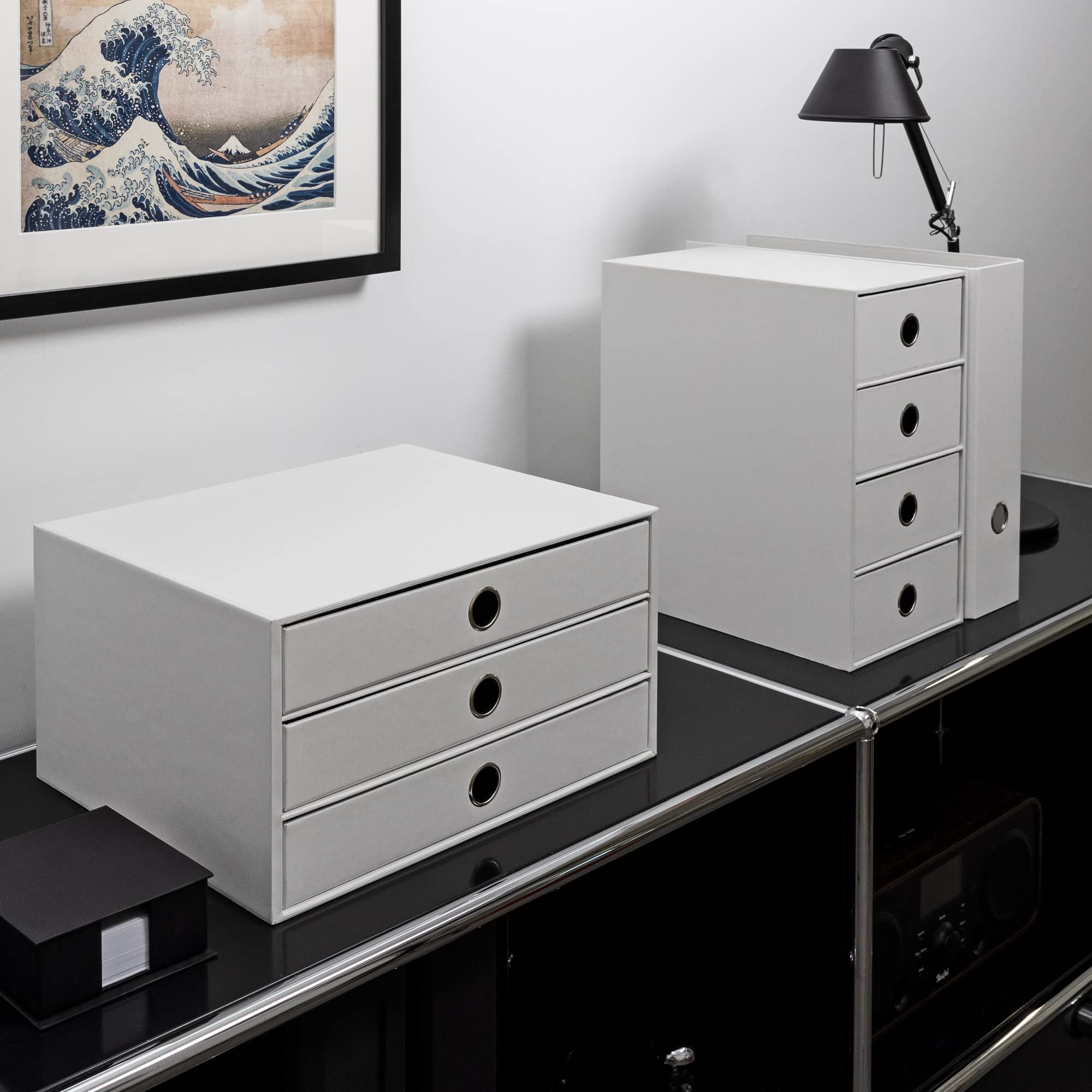 Rössler SOHO 3er Schubladenbox A4 aus Papier | Büro Organizer Schreibtisch| Schubladen Organizer Büro Zubehör & Bürobedarf | Schreibtisch Organizer Box | 34 x 25 x 19 cm | 1 Stück | Farbe: Weiß