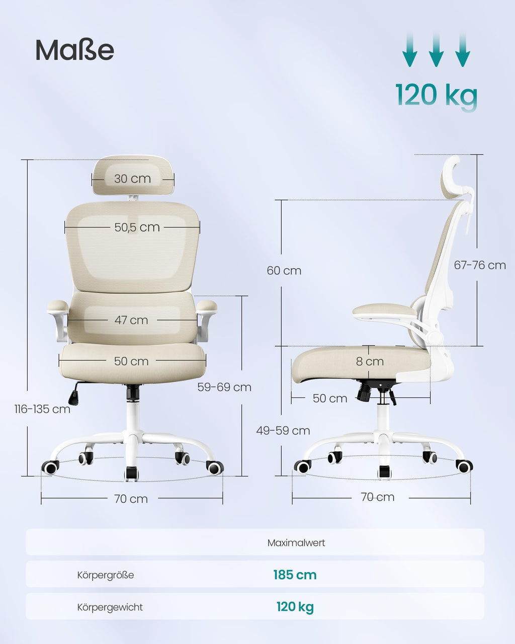 SONGMICS Bürostuhl, Schreibtischstuhl, ergonomischer Netzstuhl, mit doppellagigem Netzgewebe, atmungsaktiv, Adaptive Lendenstütze, verstellbare Kopfstütze, für Homeoffice, sandbeige OBN041L01