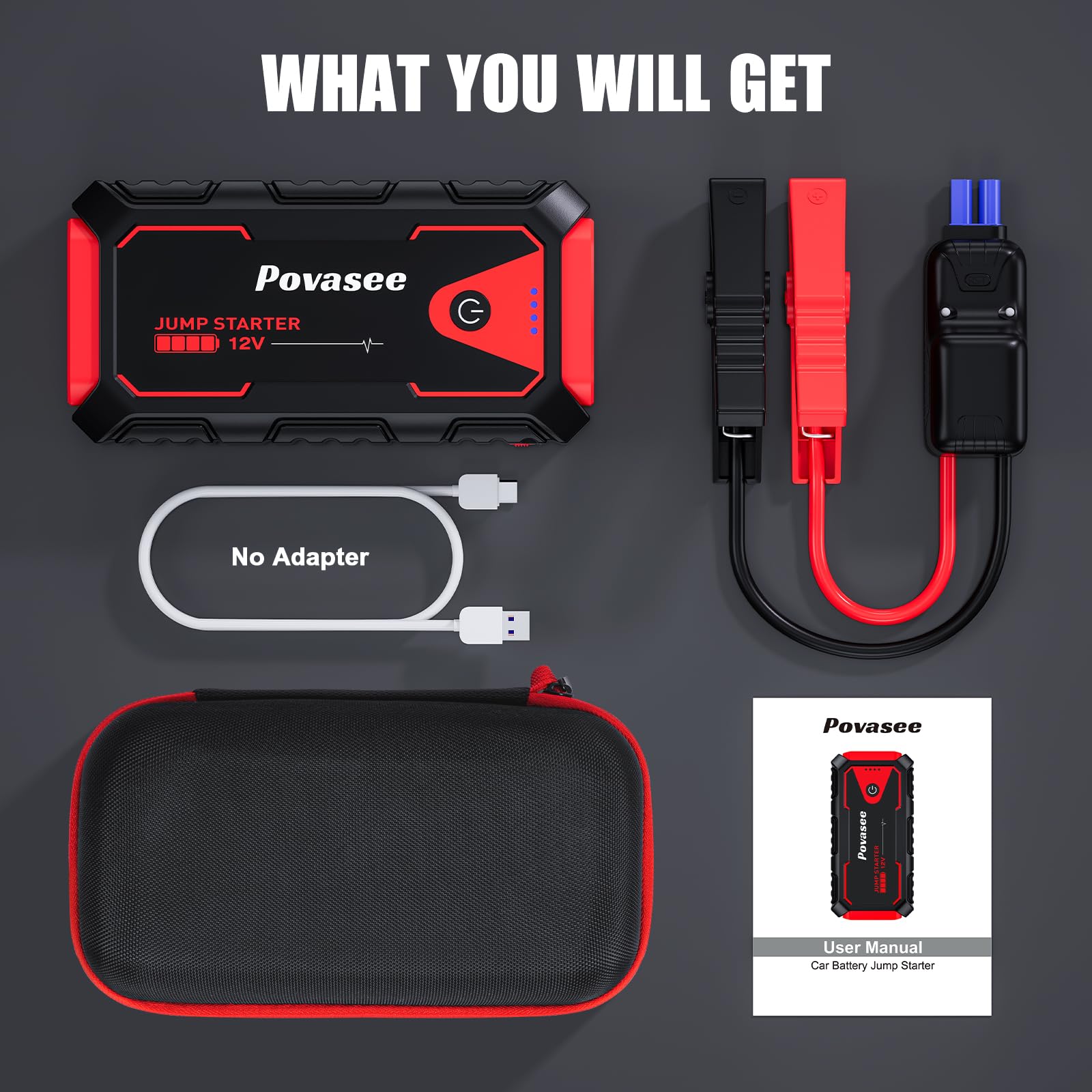 Povasee Starthilfe Powerbank, 5000A Auto Starthilfe für 12V Fahrzeuge (Bis zu 10L Benzin/8L Diesel), Starter Powerbank mit LED, 2 Schnelllade USB Ausgänge, Batterie Jump Starter mit Starthilfekabel