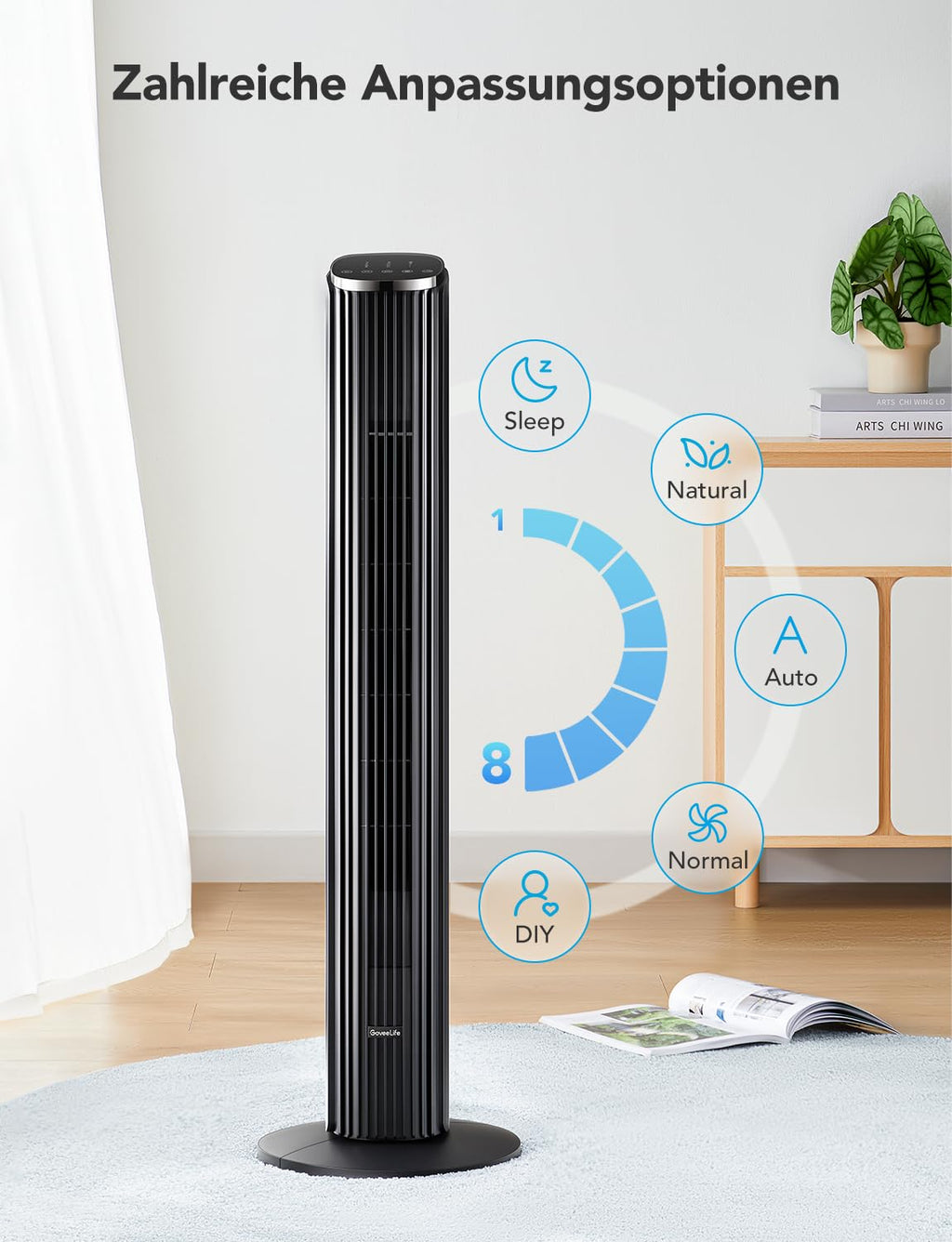 GoveeLife Intelligente leiser Turmventilator, 75° Oszillierende Ventilatoren mit App- und Sprachfernbedienung, 6.3m/s Geschwindigkeit 8 Geschwindigstufen 5 Modi 24 Std-Timer, mit Kühlung