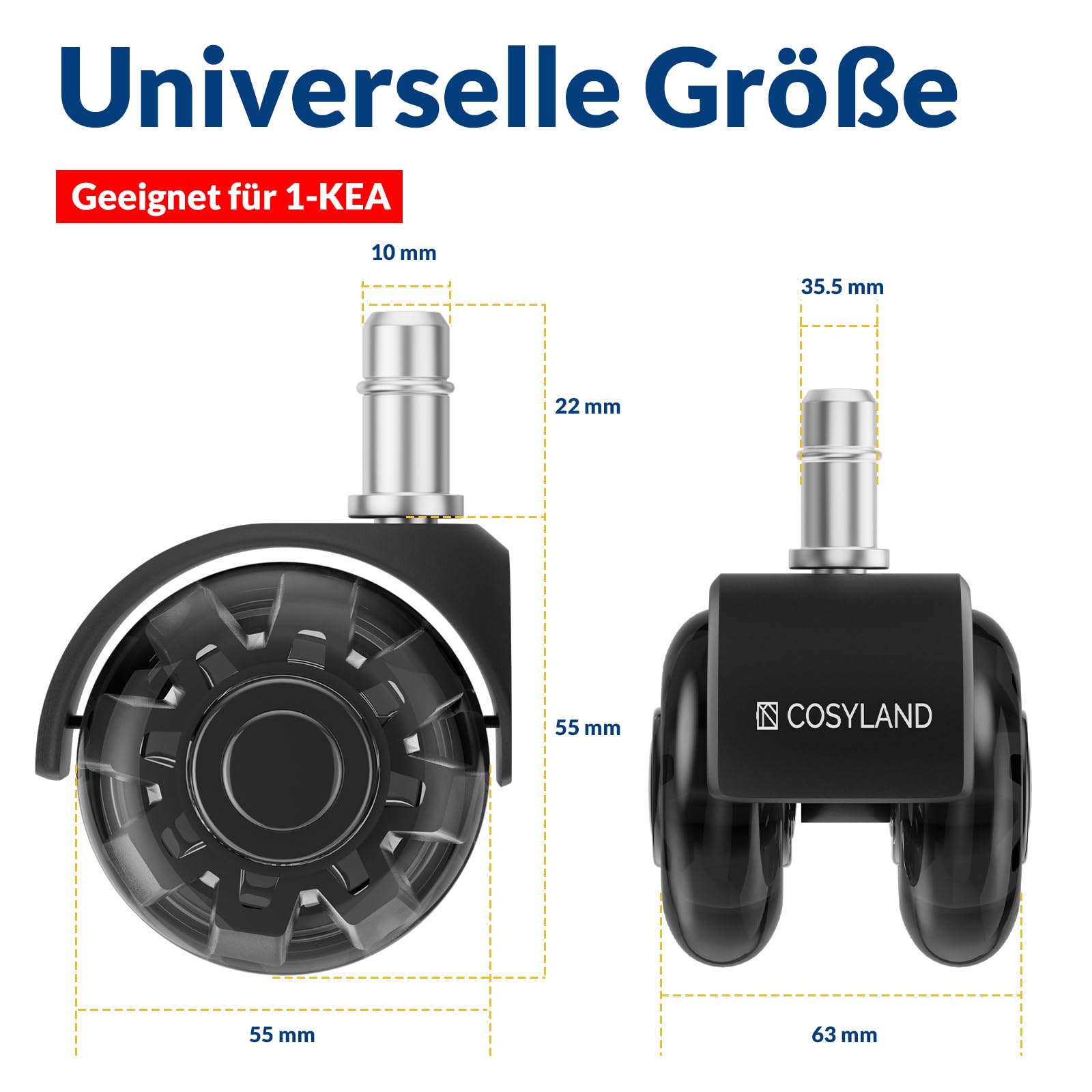 COSYLAND Bürostuhl Rollen 10mm x 22 mm - 5er Set Rollen für Bürostühle - Super Leise und Weiche für Hartböden, Parkett, Teppich, Laminat, Keine Bodenschutzmatte Nötig, Schwarz Doppelräder