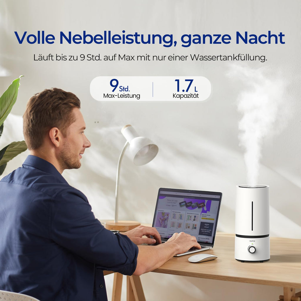 raydrop Luftbefeuchter für Schlafzimmer & Kinderzimmer, 1,7 L Leiser & Platzsparender Ultraschall-Raumbefeuchter für Baby & Pflanzen, Einfache Bedienung & Leicht zu Reinigen, Automatische Abschaltung
