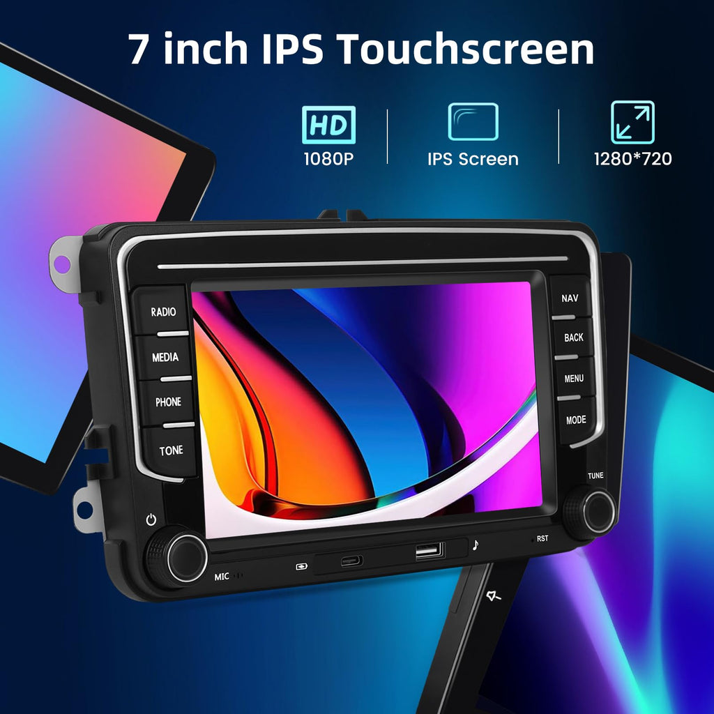 NHOPEEW 7 Zoll Android Autoradio mit 4 + 64 GB und USB Typ-C-Anschluss für VW Passat B6, B7 Golf 5 6 Jetta T5 EOS POLO Touran Seat Sharan Unterstützt CarPlay und Android Auto WiFi GPS + Rückfahrkamera