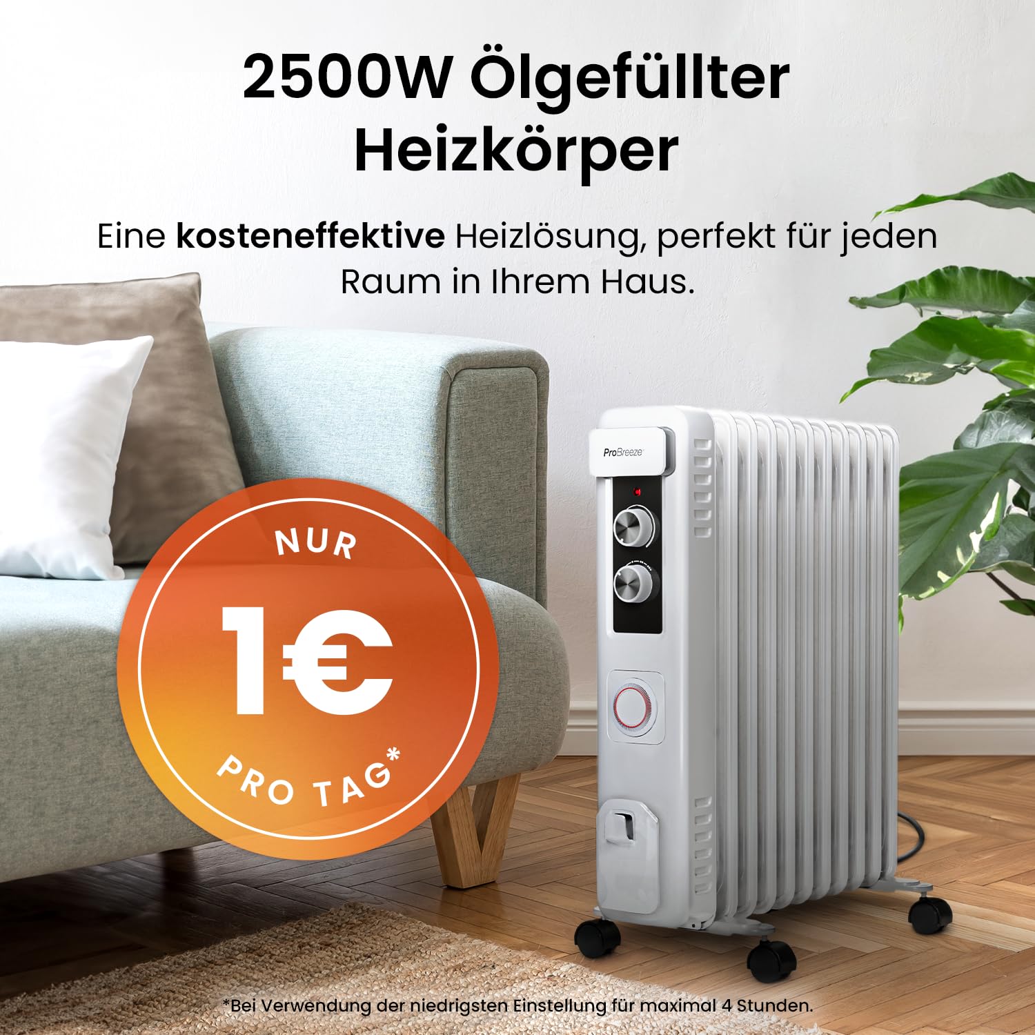Pro Breeze 2500W Ölradiator mit 11 Heizrippen, Elektrischer Heizkörper, 24h Timer, Ölradiator energiesparend, 3 Heizstufen, Einstellbares Thermostat & Sicherheitsabschaltfunktion - weiß