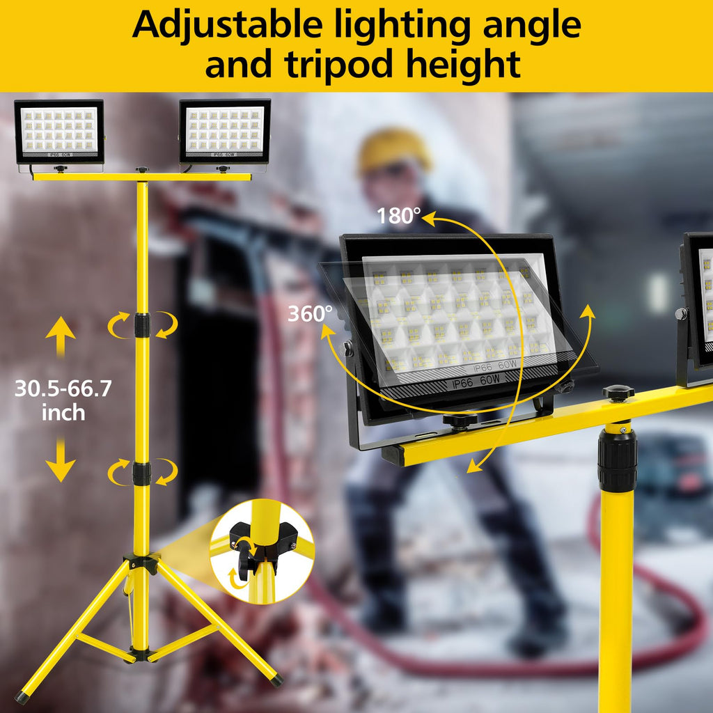 LED Baustrahler 2x60W mit Verstellbarer Stativ, T-SUN 6000K Kaltweiß LED Strahler Arbeitsstrahler mit 4M Kabel Stecker, Tragbar Baulampe Arbeitsscheinwerfer Wasserdicht IP66 für Werkstatt Garage