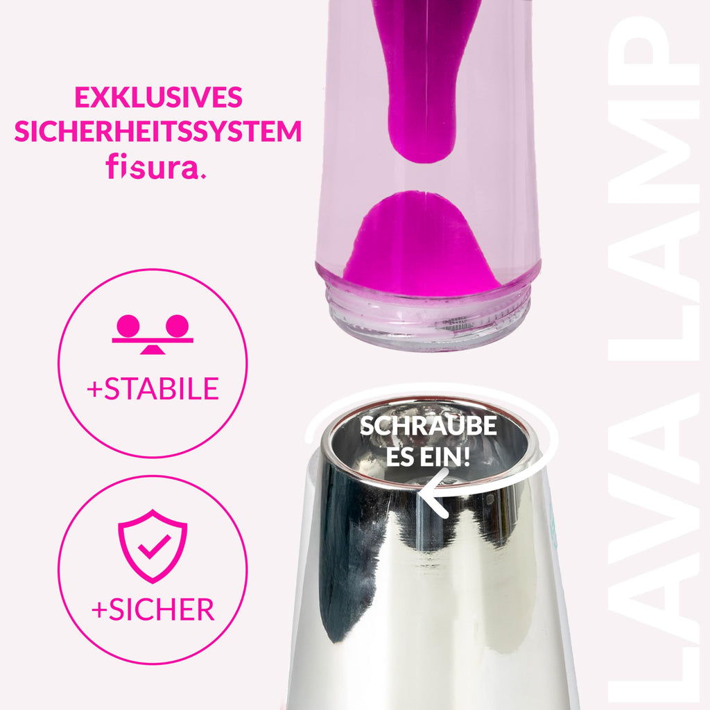 FISURA - Lavalampe rosa. Roségoldfarbener Chromsockel, transparente Flüssigkeit und rosa Lava. Lavalampe mit Ersatzbirne. Maße: 11 x 11 x 39,5 Zentimeter.