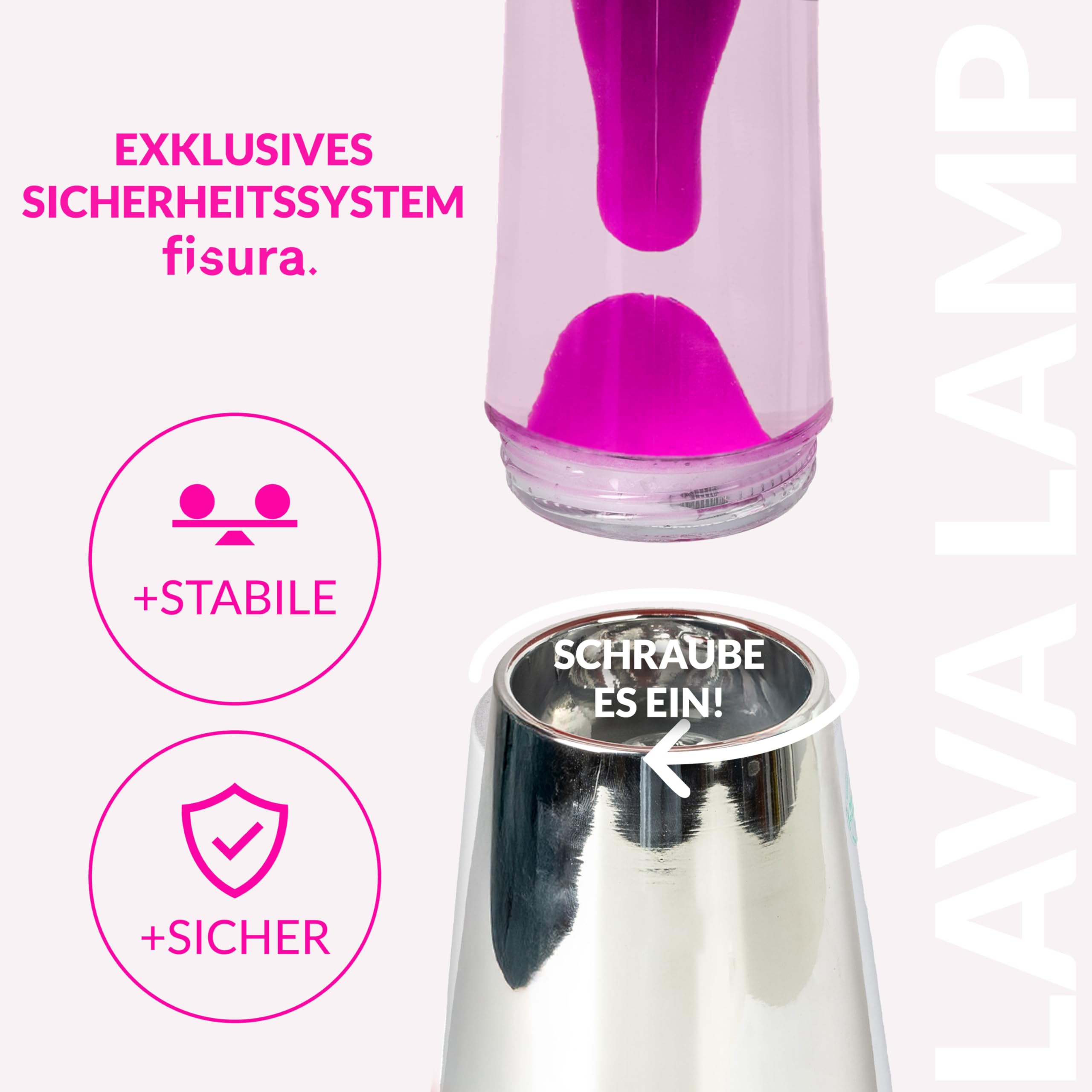 FISURA - Lavalampe rosa. Roségoldfarbener Chromsockel, transparente Flüssigkeit und rosa Lava. Lavalampe mit Ersatzbirne. Maße: 11 x 11 x 39,5 Zentimeter.