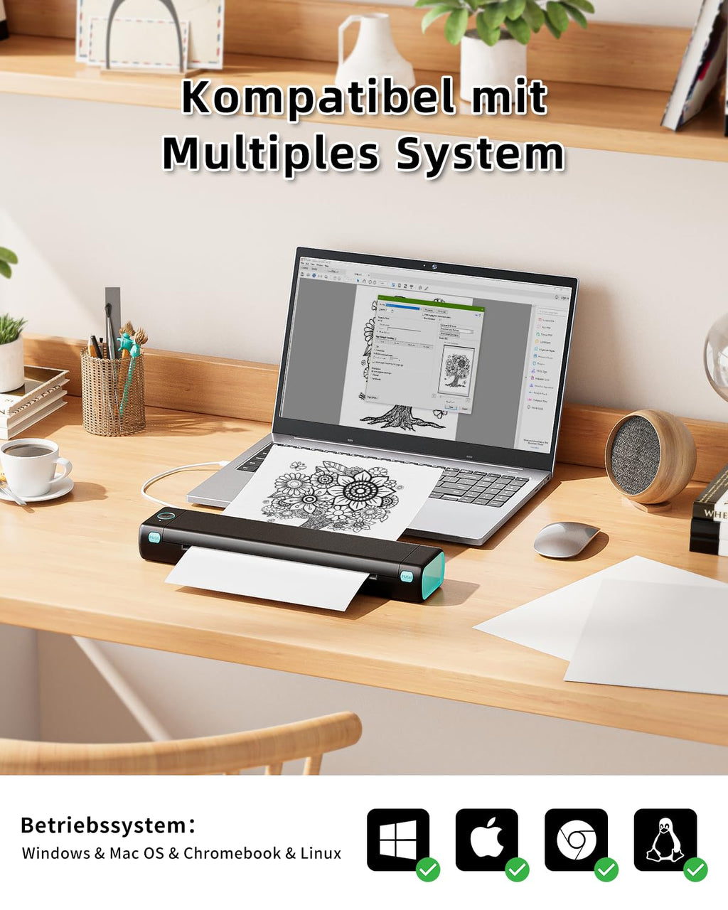 Phomemo M08F Thermodrucker A4 Mobiler Bluetooth Drucker, Tragbarer Wireless Printer für Unterwegs Kompatibel Android iOS, Thermopapier Drucker, Schwarz Grün