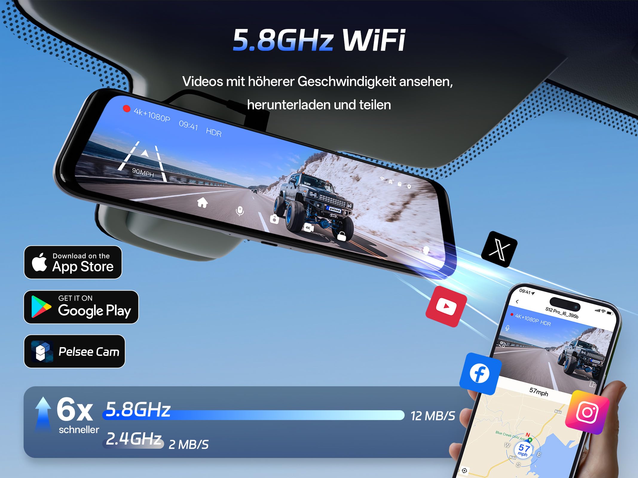 Pelsee S12 Pro 12" Spiegel Dashcam Mit STARVIS 2 Sensor, 4K Dashcam Auto Vorne Hinten Mit 5,8 GHz WiFi, Touchscreen Rückspiegel Rückfahrkamera Mit ADAS & BSD, GPS, Farb-Nachtsicht, 64GB Karte
