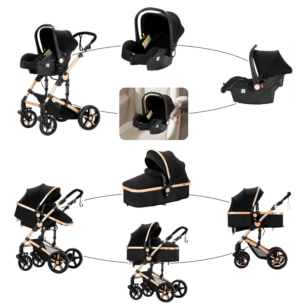 Reenborn Kinderwagen 3 in 1, Buggy mit Zwei Umkehrbaren Schiebemodi, Kinderwagen mit Rahmen Aluminiumlegierung, Babywagen 3 in 1 Komplettset mit Ein-Klick-Faltdesign Hohe Landschaft (588 Black Gold)