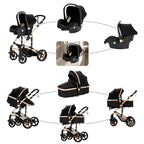 Reenborn Kinderwagen 3 in 1, Buggy mit Zwei Umkehrbaren Schiebemodi, Kinderwagen mit Rahmen Aluminiumlegierung, Babywagen 3 in 1 Komplettset mit Ein-Klick-Faltdesign Hohe Landschaft (588 Black Gold)