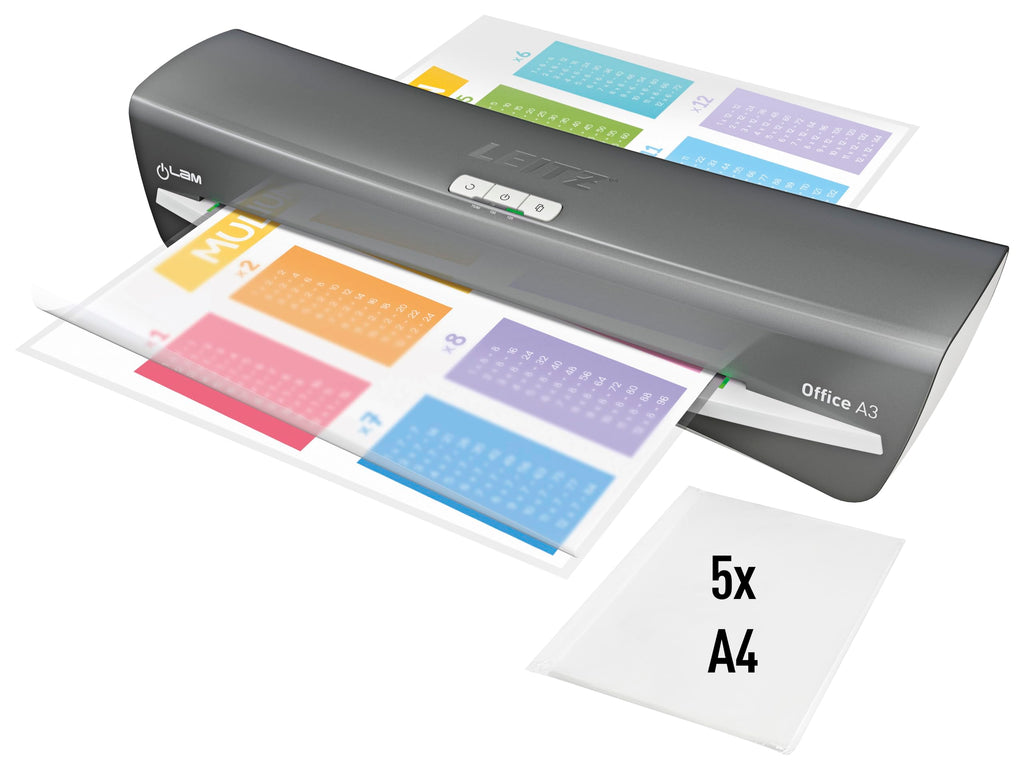 Leitz iLAM Office A3 Laminiergerät, ultraschnelle Aufwärmzeit von 1 Min, für 75-125 mic Folien, Eingabehilfen-LEDs & LED-Status, Anti-Stau, Auto-Abschaltung, inkl 5 Laminierfolien, Grau/Weiß, 72530084