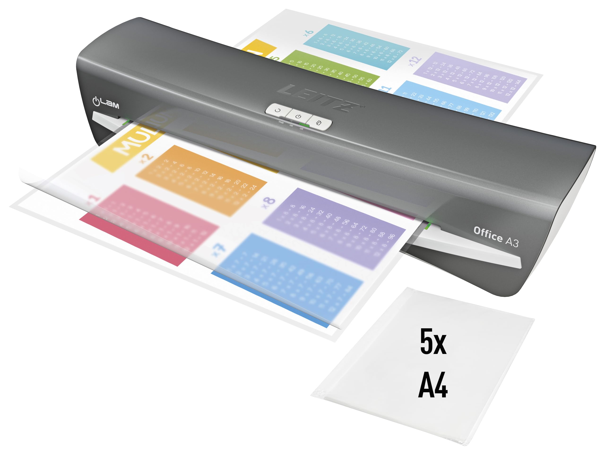 Leitz iLAM Office A3 Laminiergerät, ultraschnelle Aufwärmzeit von 1 Min, für 75-125 mic Folien, Eingabehilfen-LEDs & LED-Status, Anti-Stau, Auto-Abschaltung, inkl 5 Laminierfolien, Grau/Weiß, 72530084