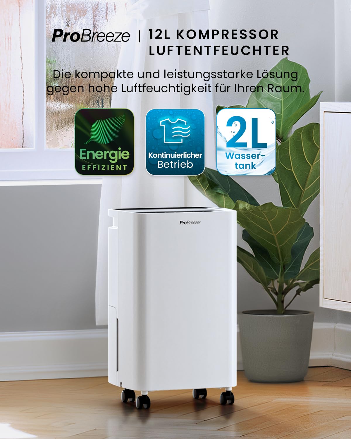 ProBreeze Luftentfeuchter 12L in 24h Entfeuchtungsleistung - Dehumidifier - Luftentfeuchter elektrisch mit 2L Wassertank, Wäschetrockner, automatischem Feuchtigkeitssensor, Timer - Gegen Schimmel