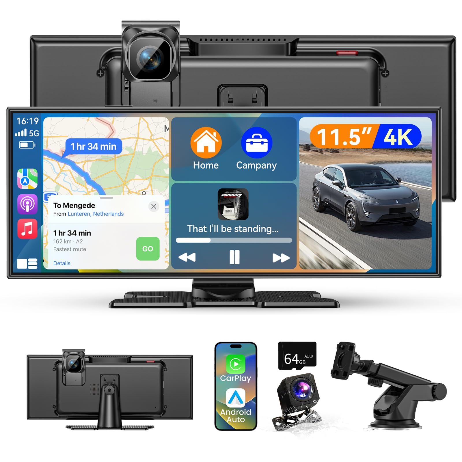 11.5 Zoll Carplay Display Android Auto Display,Car Play IPS Touch Screen Kabelloses Carplay Android Auto Bildschirm mit AUX/FM,4K DashCam,1080P Rückfahrkamera,Mirror Link,Bluetooth für alle Fahrzeuge