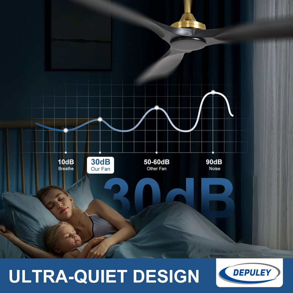 Depuley Groß Deckenventilator ohne Licht: 132CM Ventilator mit Fernbedienung und APP für Terrasse Garten - Leise Deckenventilator, Reversibler DC Timer für Schlafzimmer, Wohnzimmer, Schwarz und Gold