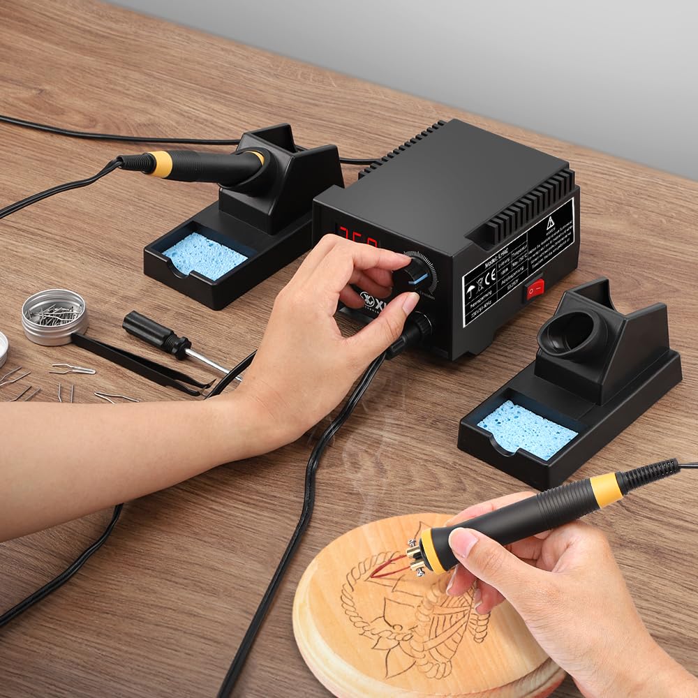 Pyrography Machine, 100W Holzbrenner Set mit 2 Stiften und 33 Tlg Drahtspitzen, Brandmalstation Brennkolben Brandmalerei Brandmalgeräte einstellbar von 0-750°C, Doppelanschluss, für Holz Leder Kürbis