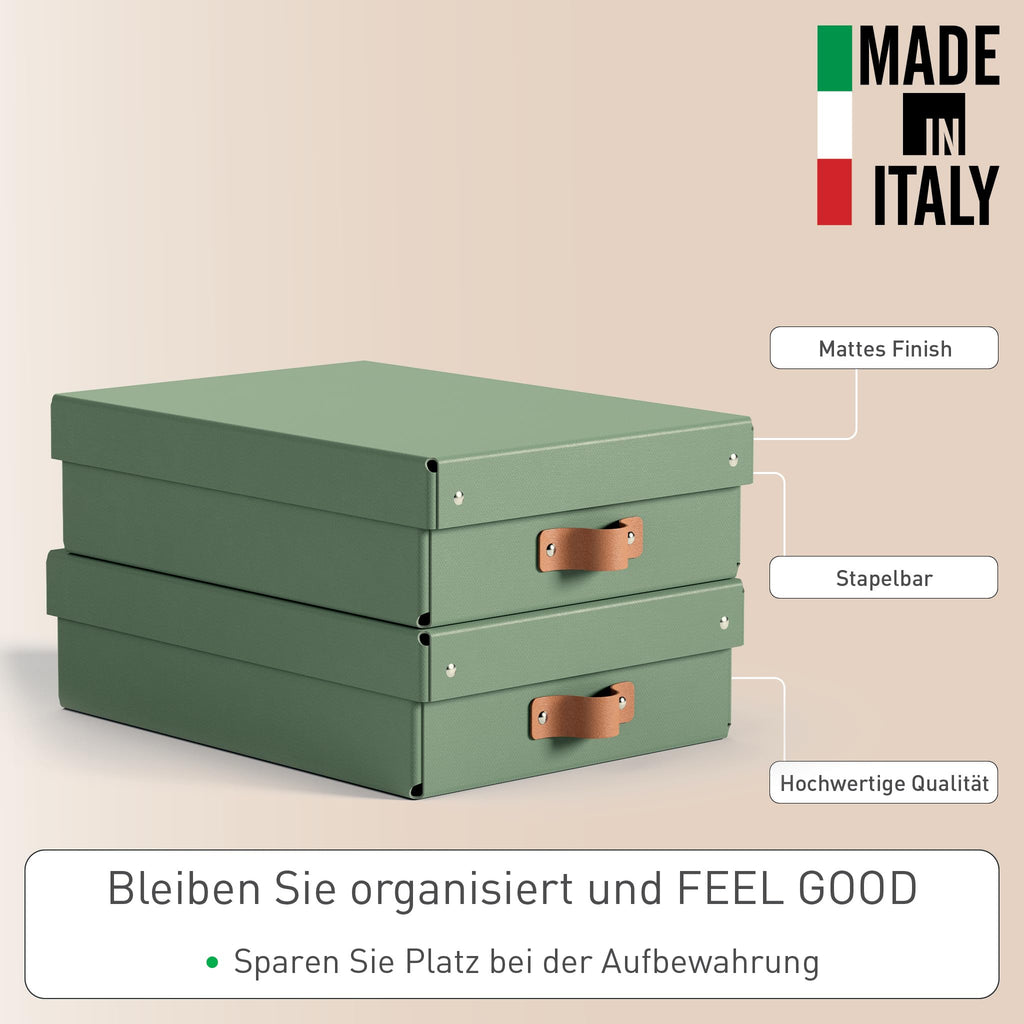 Leitz Puro Flache Aufbewahrungsbox mit Deckel, Medium, 2er-Set, Box 8 L, stapelbar, Organizer-Box für Regale und Schränke, FSC-Karton, für Büro und Home Office, 26 x 35 x 10 cm, Grün, 61480050