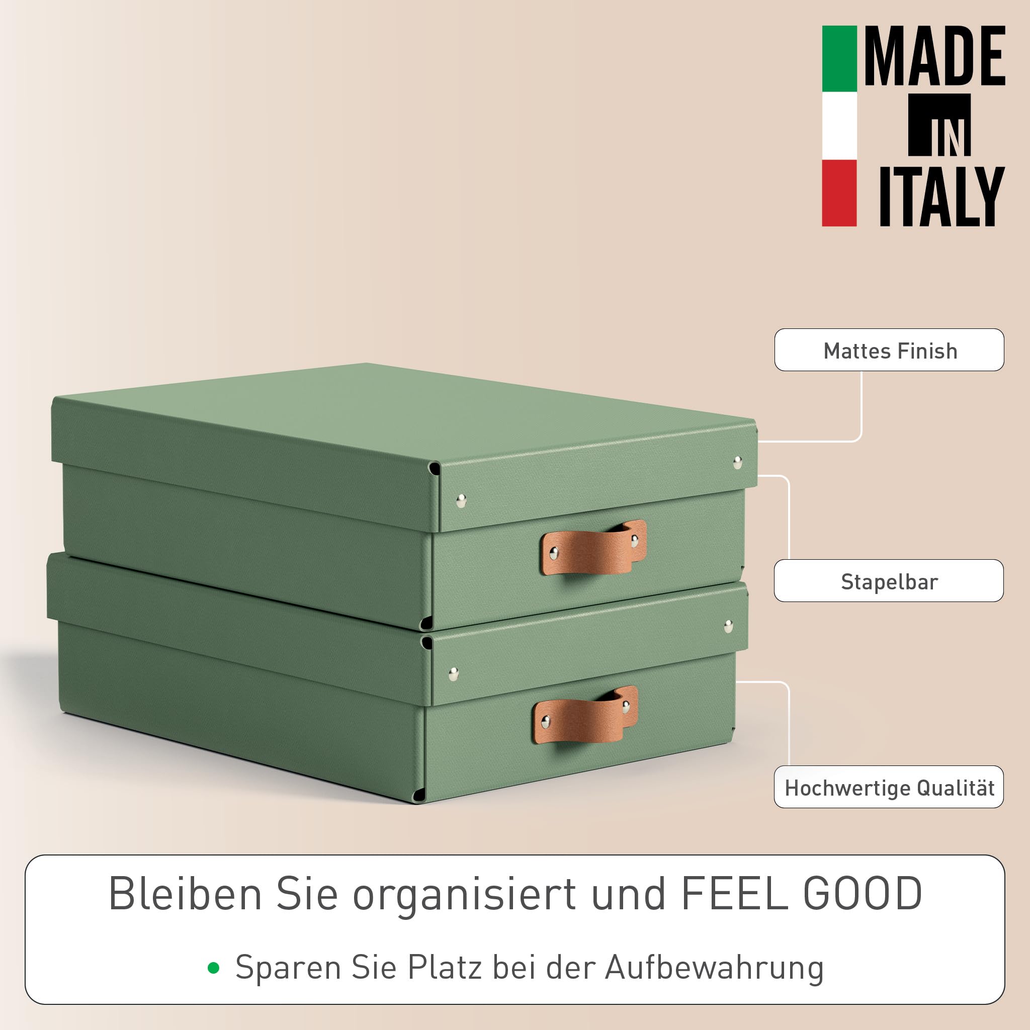Leitz Puro Flache Aufbewahrungsbox mit Deckel, Medium, 2er-Set, Box 8 L, stapelbar, Organizer-Box für Regale und Schränke, FSC-Karton, für Büro und Home Office, 26 x 35 x 10 cm, Grün, 61480050