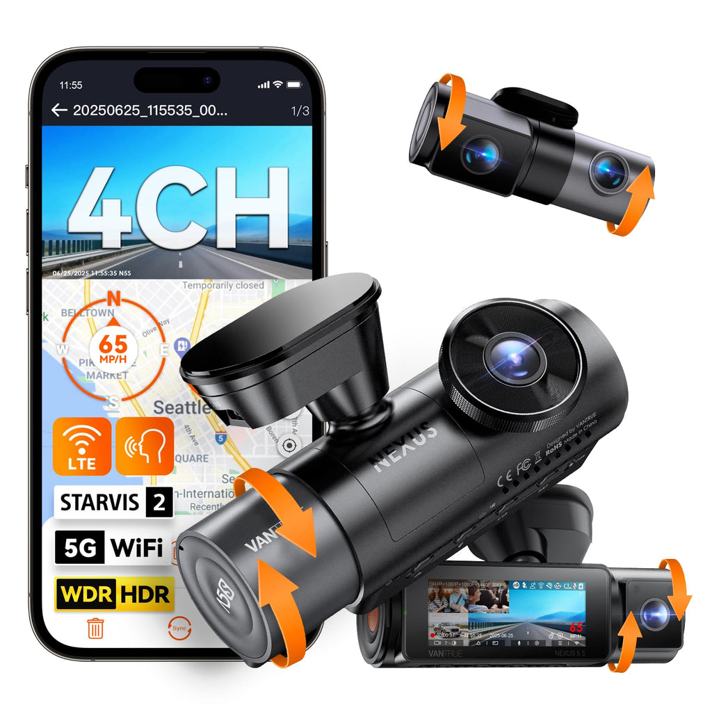VANTRUE N5S 4 Kanal STARVIS 2 Dashcam Auto 2.7K+ 1080P+ 1080P+ 1440P Vorne Innen Hinten, HDR+ WDR Dash Cam 5G WLAN, Sprachsteuerung Dashcams, GPS, 24Std. Puffer Parkmodus, LTE Optional, Max 1TB