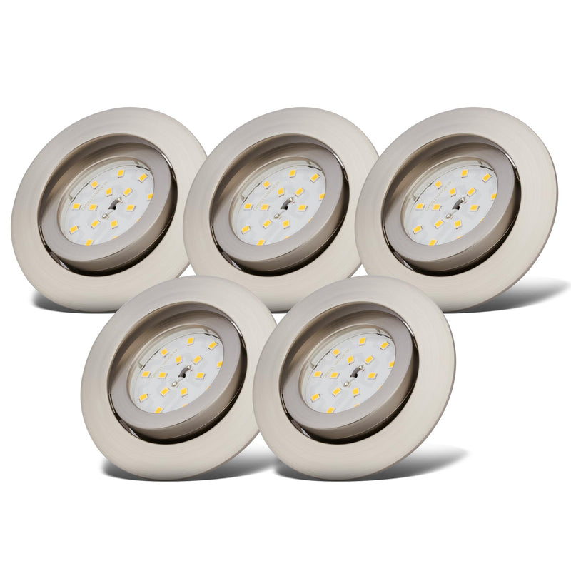 B.K.Licht - 5er Set LED Einbaustrahler 230V dimmbar in Stufen, schwenkbar, Lochdurchmesser 68mm, LED Spot, flach, Deckenspots, Spots, Einbauleuchten, Einbauspots, 82x28 mm, Matt-Nickel