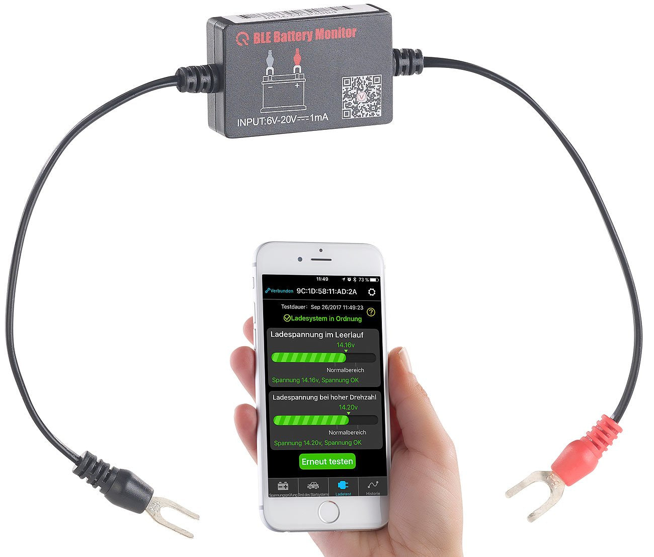 Lescars Autobatterieüberwachung: Kfz-Batterie-Wächter mit Bluetooth und App, für 12-Volt-Batterien (Batterieüberwachung Bluetooth, Batteriewächter Test, 12V Zigarettenanzünder)
