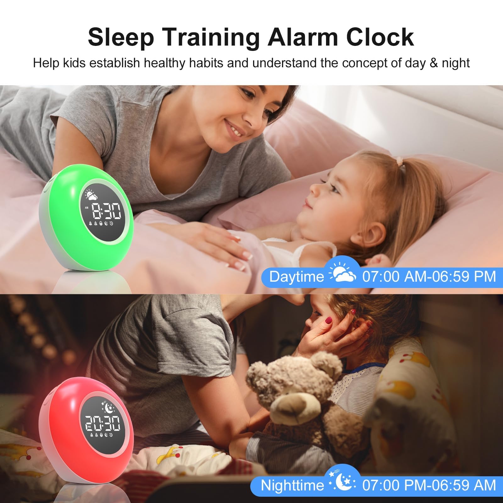 Kinder Wecker Digital, Schlaftrainer mit Nachtlicht, Lichtwecker mit 10 White Noise, Snooze und Timer 15/30/60/90 mins, LED mit Licht Tischuhr ohne Tick, Geschenke für Mädchen Jungen