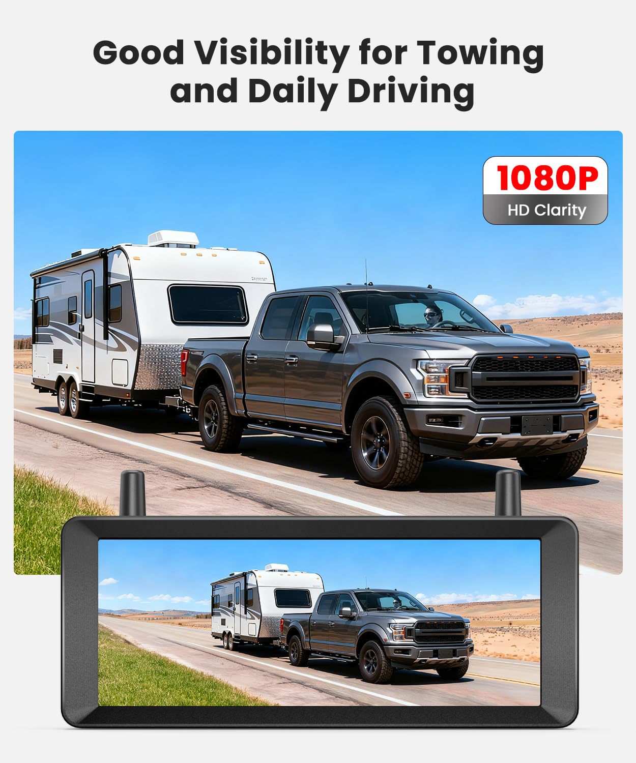 Solar Rückfahrkamera Kabellose 2-Kamera System: 2-Min Installation, 7,2“ 1080P HD Split-Screen Monitor mit Dual-Antennen, Stabile Signal, IP69K wasserdichte Rückfahrkameras für LKW, Wohnmobil, Camper