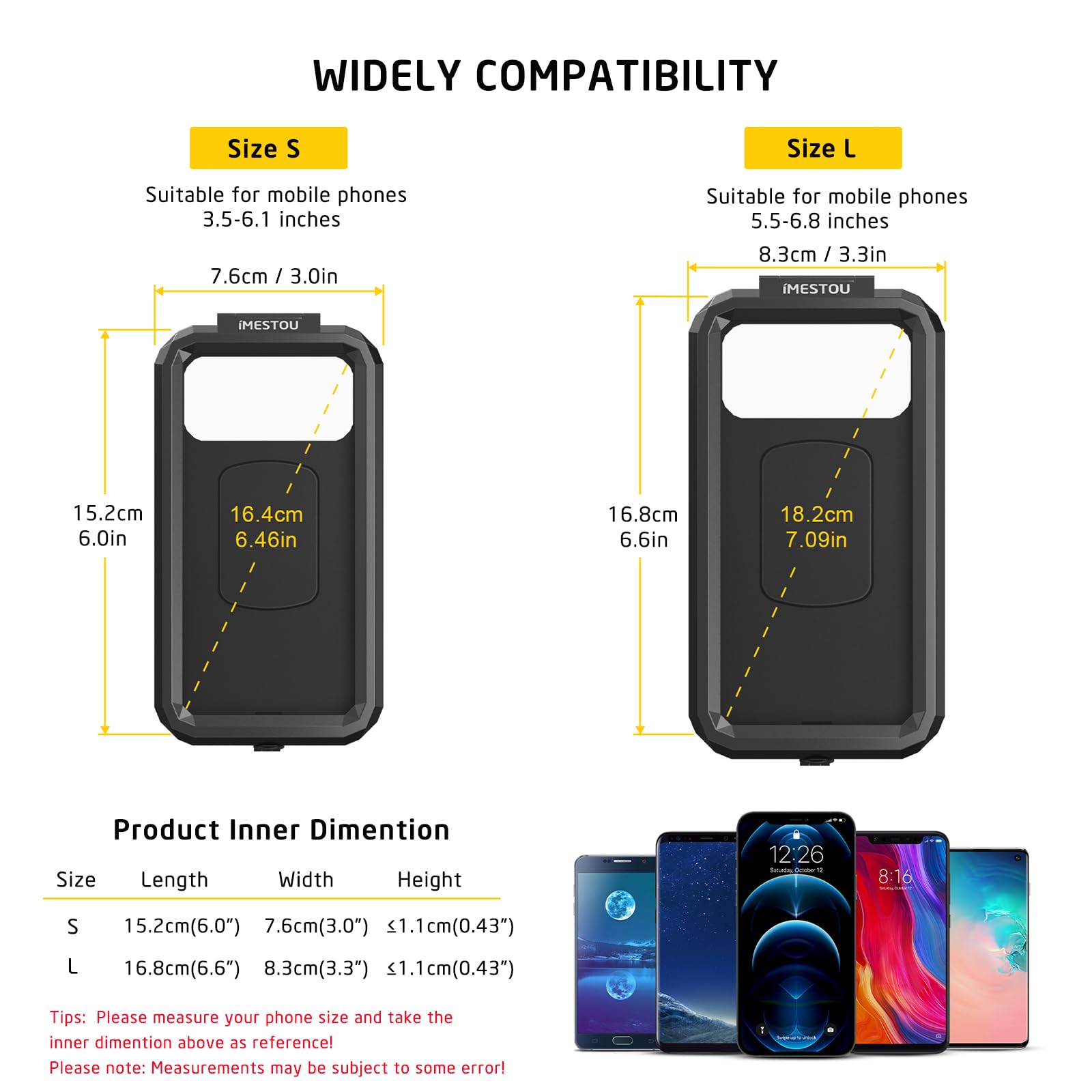 iMESTOU wasserdichte Motorrad Telefonhalterung IP66 mit 2,5 cm Kugelkopf 360° Drehbar Passend für RAM B Größe Zubehör, Geeignet für 5,5"-6,8" Smartphones mit max. Dicke 1,1 cm (Größe L)