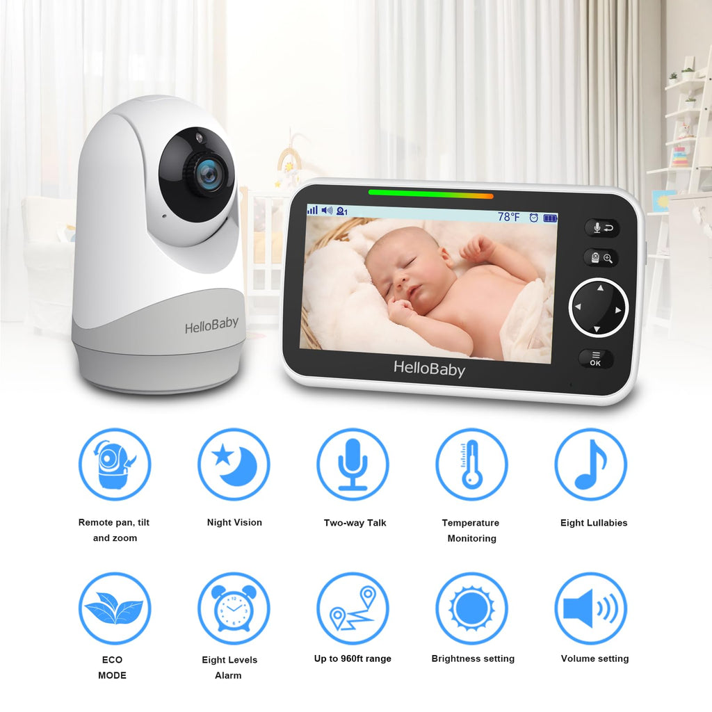 HelloBaby Monitor mit Kamera und Audio, 5-Zoll-Großbildschirm mit 3500-mAh-Akku, Ferngesteuerte Pan-Tilt-Zoom-Kamera, Zwei-Wege-Gespräch, ECO-Modus, automatische Nachtsicht, Reichweite bis zu 293 m