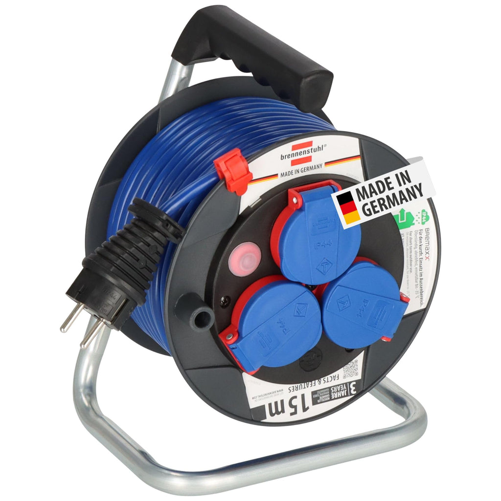 Brennenstuhl Garant Kompakt IP44 Kabeltrommel (15m Kabel in blau, Spezialkunststoff, kurzfristiger Einsatz im Außenbereich, Made in Germany)