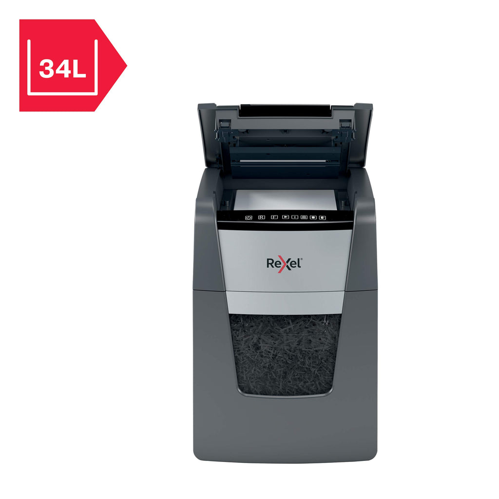 Rexel Optimum AutoFeed+ 90X Automatischer Aktenvernichter, 90 Blatt automatisch, Sicherheitsstufe P4, Partikelschnitt, für Zuhause / Home Office, 34 Liter Abfallbehälter, 2020090XEU