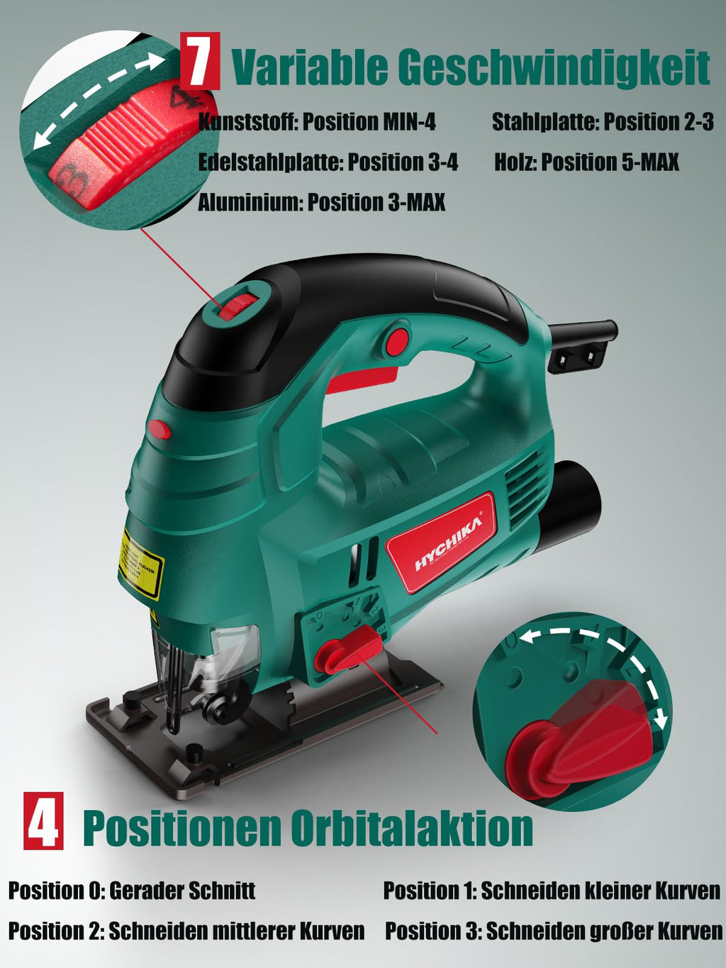 HYCHIKA Stichsäge, 800W Max Holz Schnitttiefe 110mm, 800-3000SPM Elektrische Stichsäge mit Laser, 7 Variable Geschwindigkeiten und 0-3 Orbital Position, 6 Blätter, Fasenschneiden: -45 °bis 45