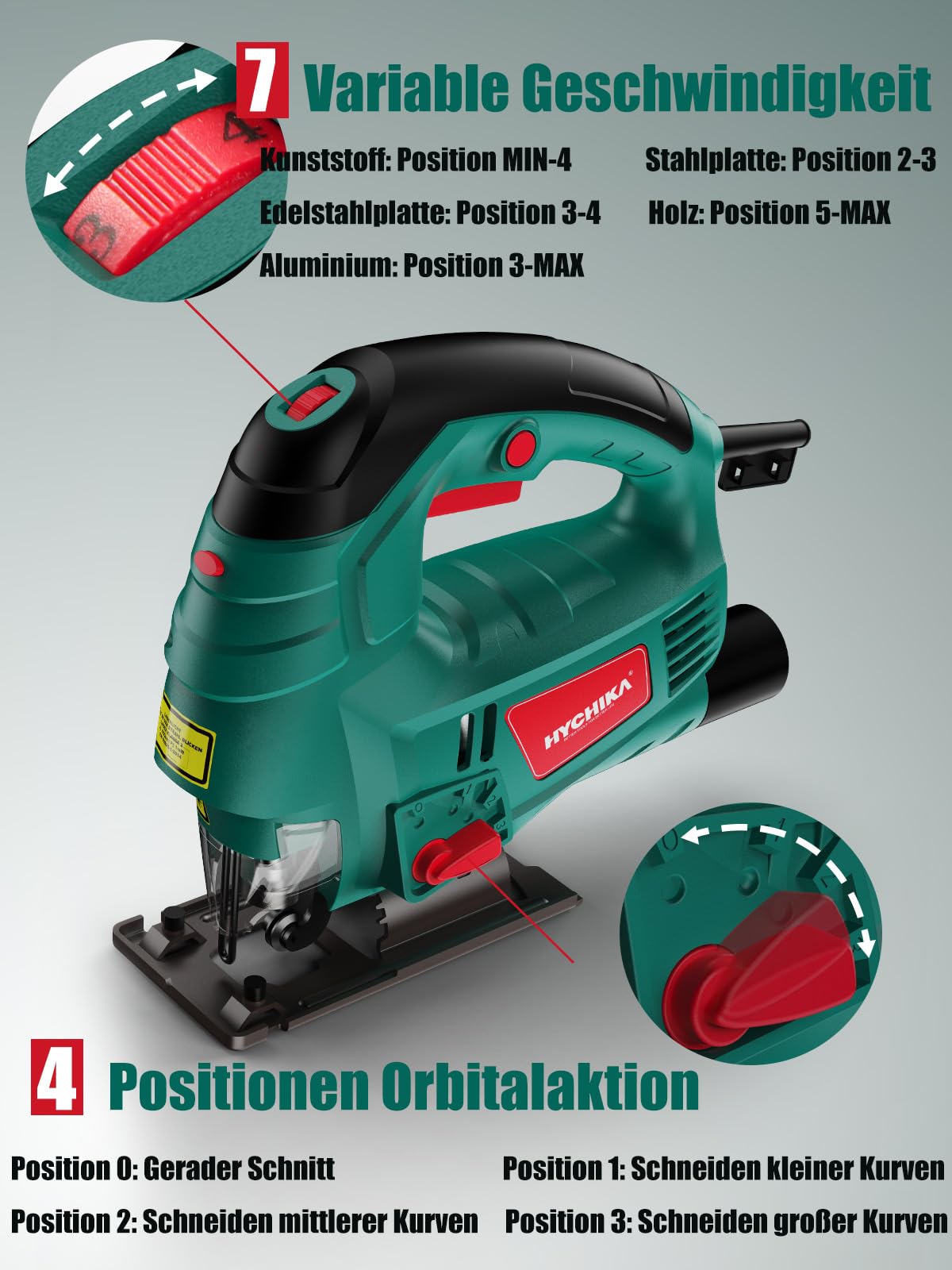 HYCHIKA Stichsäge, 800W Max Holz Schnitttiefe 110mm, 800-3000SPM Elektrische Stichsäge mit Laser, 7 Variable Geschwindigkeiten und 0-3 Orbital Position, 6 Blätter, Fasenschneiden: -45 °bis 45