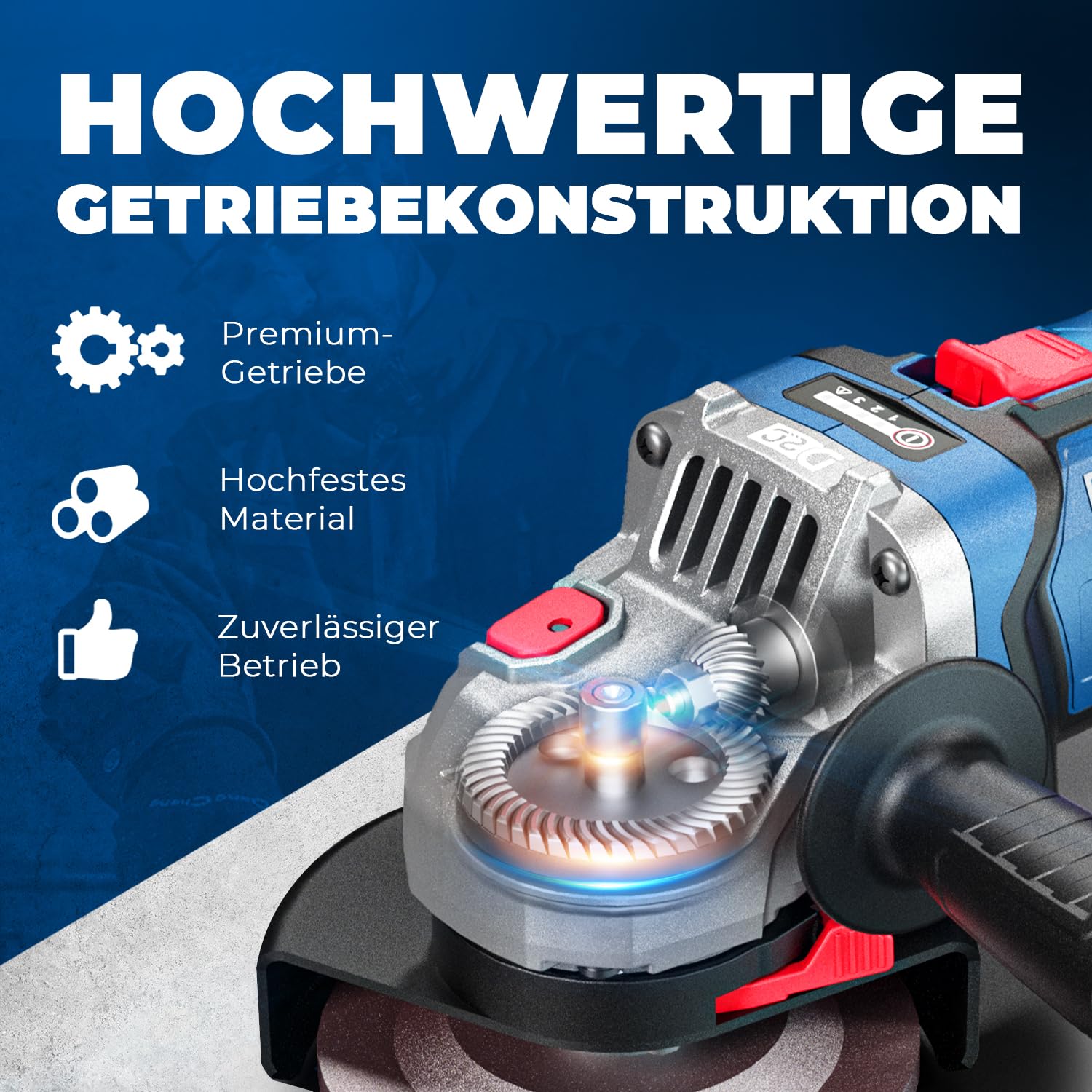 DongCheng Akku-Winkelschleifer 18V, Ø 125mm, 1000W, bürstenloser Motor, 3 Drehzahlstufen, Schnellspannschutz, Anti-Vibrationsgriff, inkl. 2 Schleif-, 2 Fächer-, 2 Trennscheiben, 4.0Ah Akku & Ladegerät