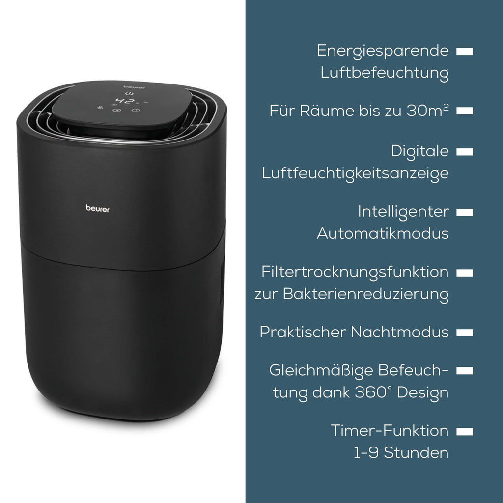 Beurer LB 200 Luftbefeuchter mit energieeffizienter Kaltverdunstungstechnologie, hygienische konstante Befeuchtung der Luft, mit Filtertrocknungsfunktion, 3 Befeuchtungsstufen, für Räume bis ca. 30m²