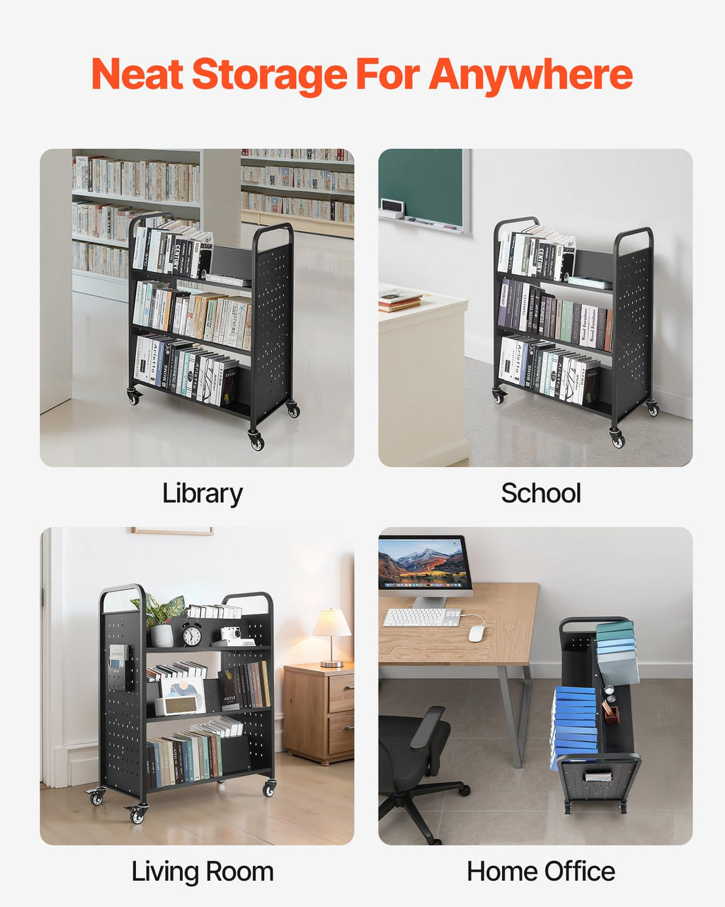 VEVOR Bücherwagen, 159 kg Tragkraft, Bibliothekswagen, 970x515x1225 mm, doppelseitiges W-förmiges Bücherregal mit Doppelbremsrollen, Abräumwagen für Wohnzimmer, Büro, Schule, Schwarz