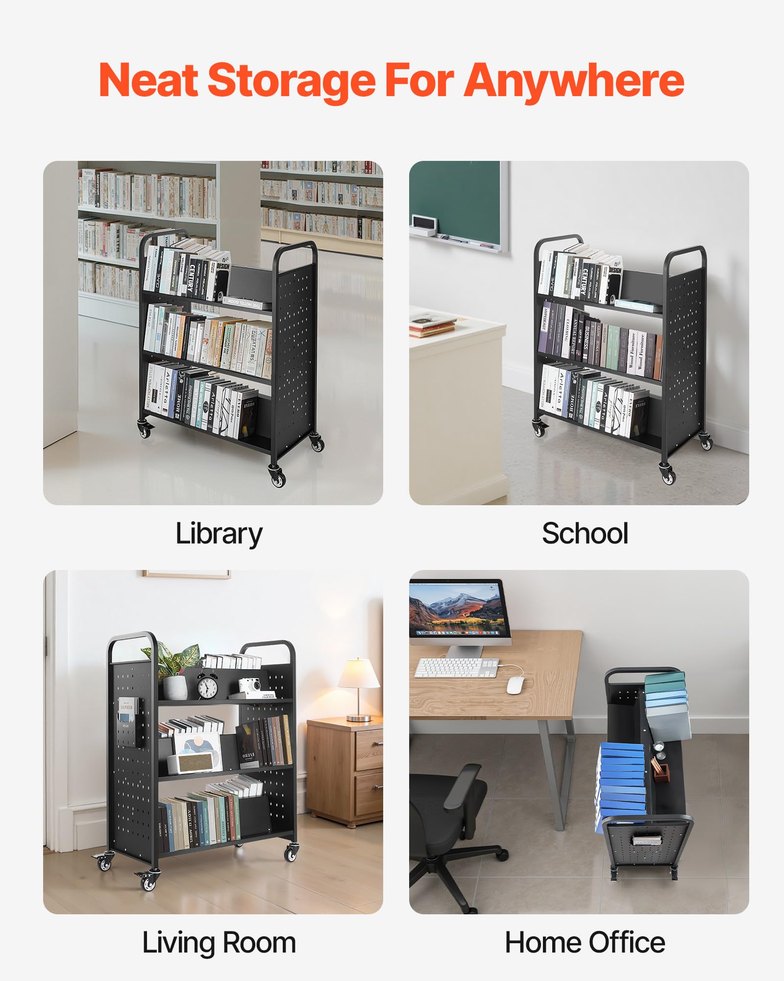 VEVOR Bücherwagen, 159 kg Tragkraft, Bibliothekswagen, 970x515x1225 mm, doppelseitiges W-förmiges Bücherregal mit Doppelbremsrollen, Abräumwagen für Wohnzimmer, Büro, Schule, Schwarz
