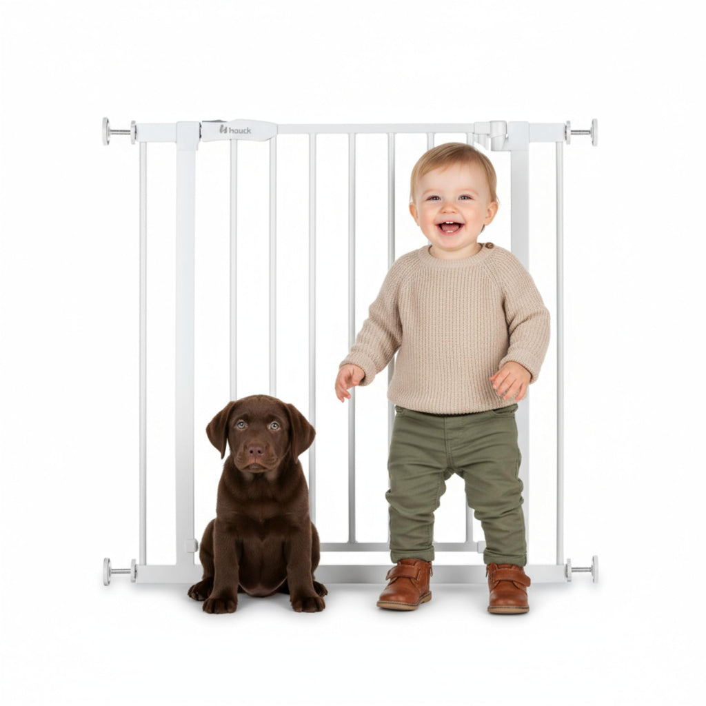 hauck Open N Stop 2, Weiß - Kinderschutzgitter Hundegitter, Verstellbare Breite 75-80 cm, 77 cm Hoch, Beidseitige Einhand Öffnung, ohne Bohren, für Innen