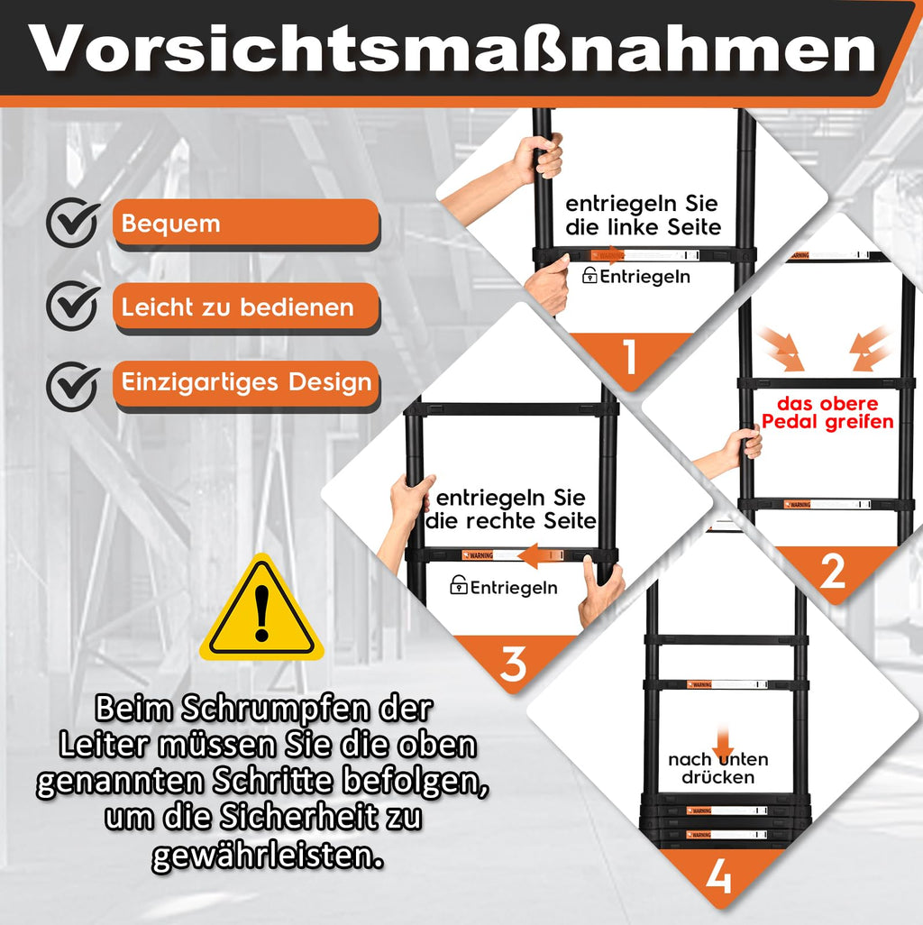 HBTower Teleskopleiter 2,6 m aus Aluminium, Klappbare Ausziehleiter mit Rutschfesten Füßen, Leicht & Stabil, Tragkraft 150 kg, Ideal für Heimwerker & Wohnwagen, Schwarz
