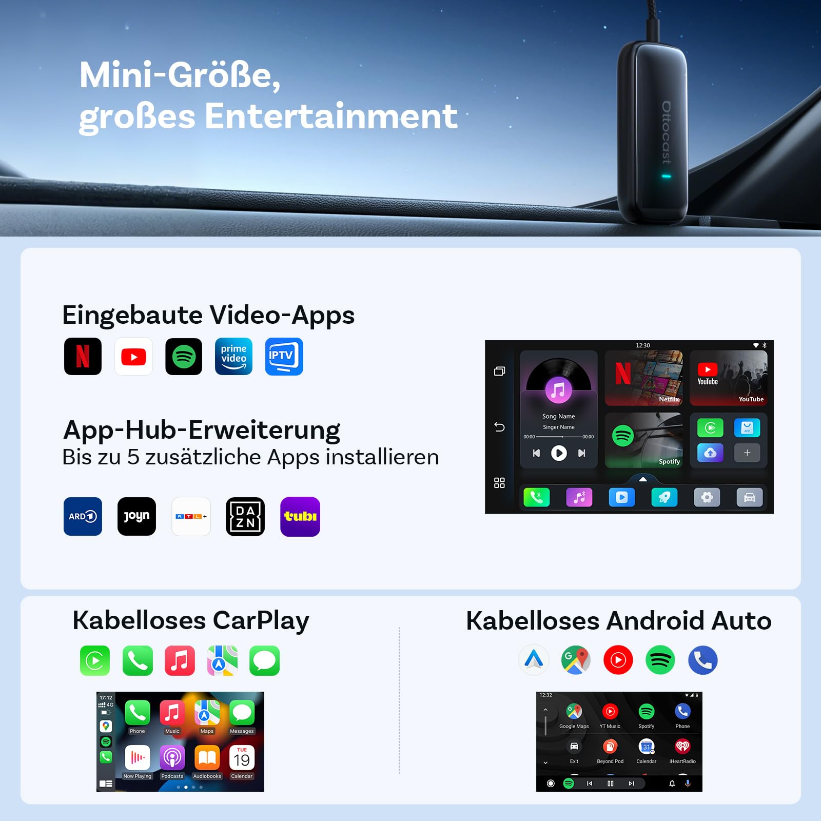 OTTOCAST Play2video Ultra 2026 Upgrade, kabelloser CarPlay & Android Auto Adapter mit YouTube/Netflix/Prime Video, Plug & Play, 4 GB + 32 GB AI Box für Fahrzeuge mit kabelgebundenem CarPlay ab 2016