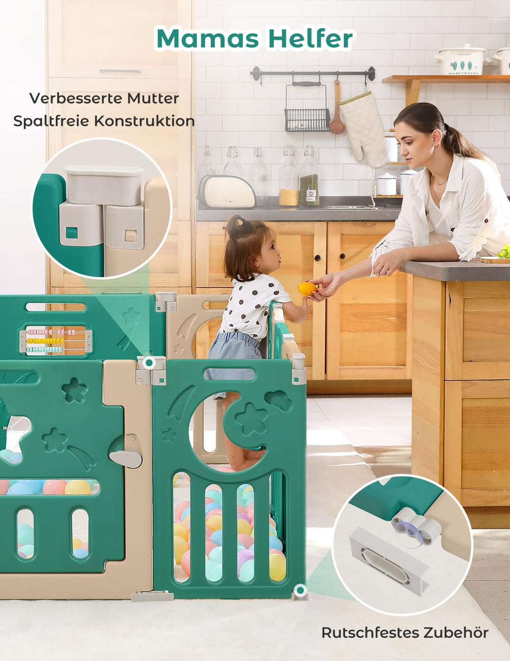 Dripex Laufstall Baby faltbar 150x150x62cm (14 Paneele) mit Spielboard, Laufgitter Baby, Kinderlaufstall & Babyzaun aus strapazierfähigem Plastik, Playpen für Innen & Außen, Braun