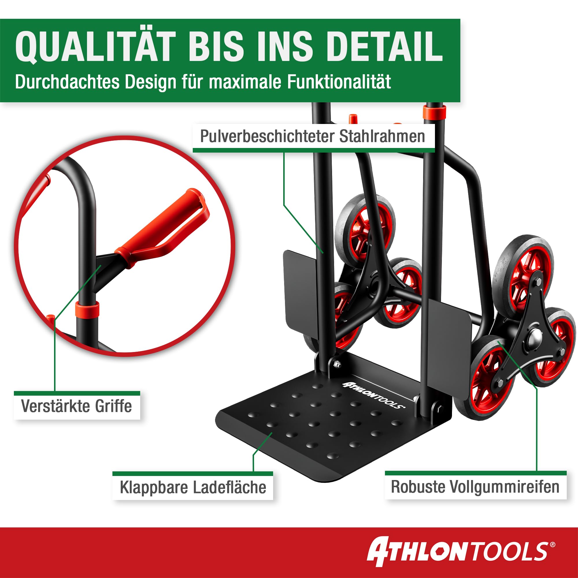 ATHLON TOOLS Treppensteiger-Sackkarre klappbar 150kg TÜV geprüft – Stahlrahmen mit TPR-Rädern, große Räder leichtgängig & stoßarm, platzsparend zusammenklappbar