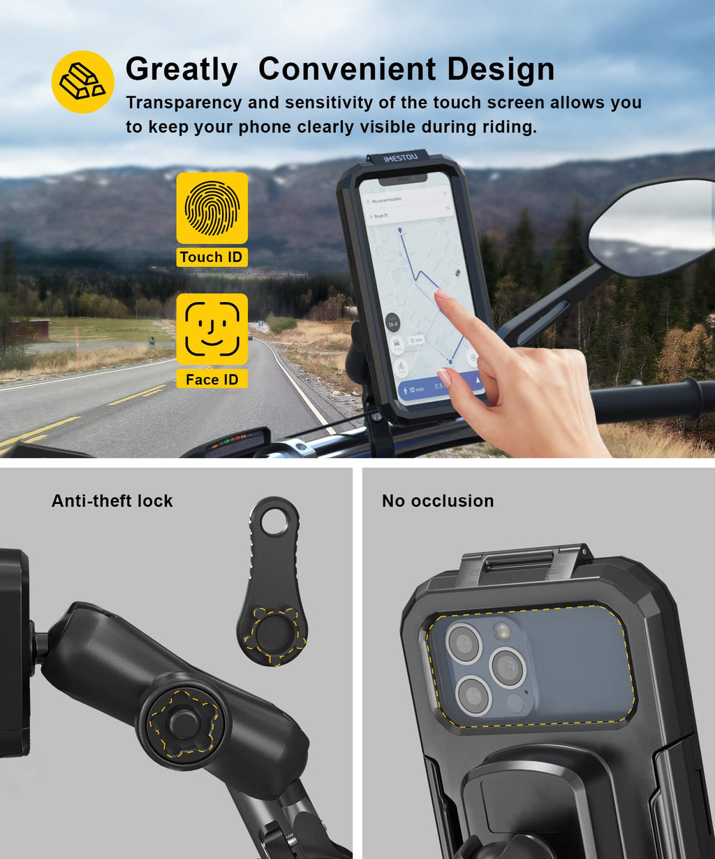 iMESTOU wasserdichte IP67 Motorrad Telefonhalterung, Fahrradhalterung mit 2,5 cm (1 Zoll) Doppelkugelsockel-Armen (S– für 3,5-6,1 Zoll Handys)